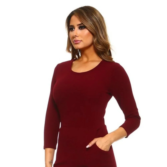 Kangaroo Pockets Solid Red Bodycon Midi Dress Casual Church Office 7/8 Sleeves - Picture 2 of 5
